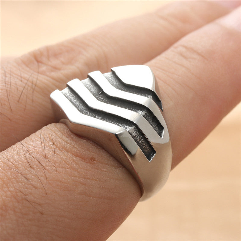 Titanium Steel Vintage Shield Ring for Men - Retro Trendy Striped Design