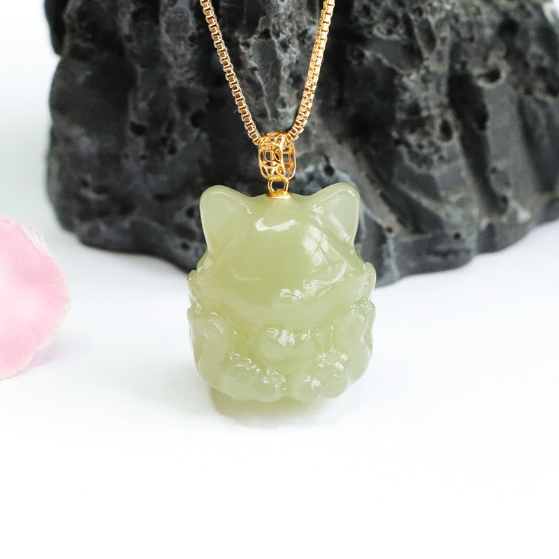 Nine Tailed Fox Necklace Crafted with Natural Hotan Jade