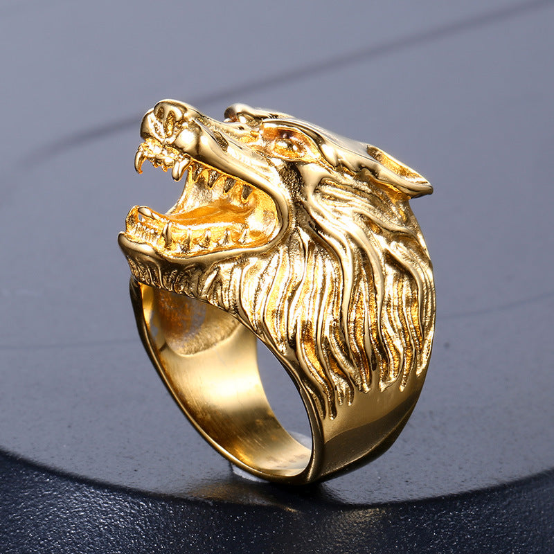 Wholesale European and American Titanium Steel Wolf Head Ring for Men - Retro Jewelry Collection