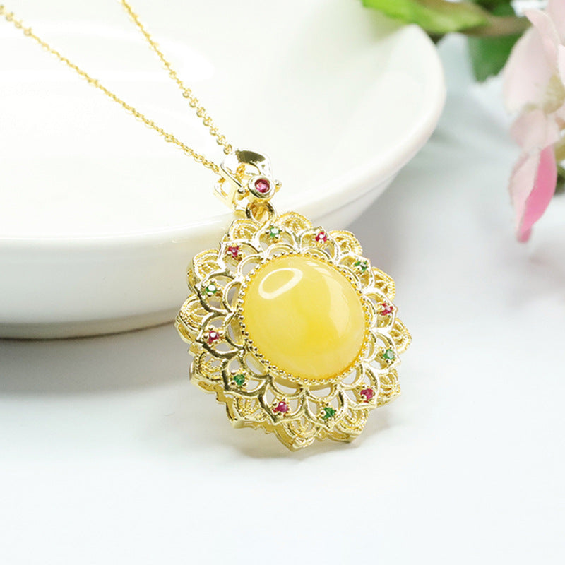 Sunflower Amber Pendant Necklace with Beeswax Hollow Sunburst Gold Charm