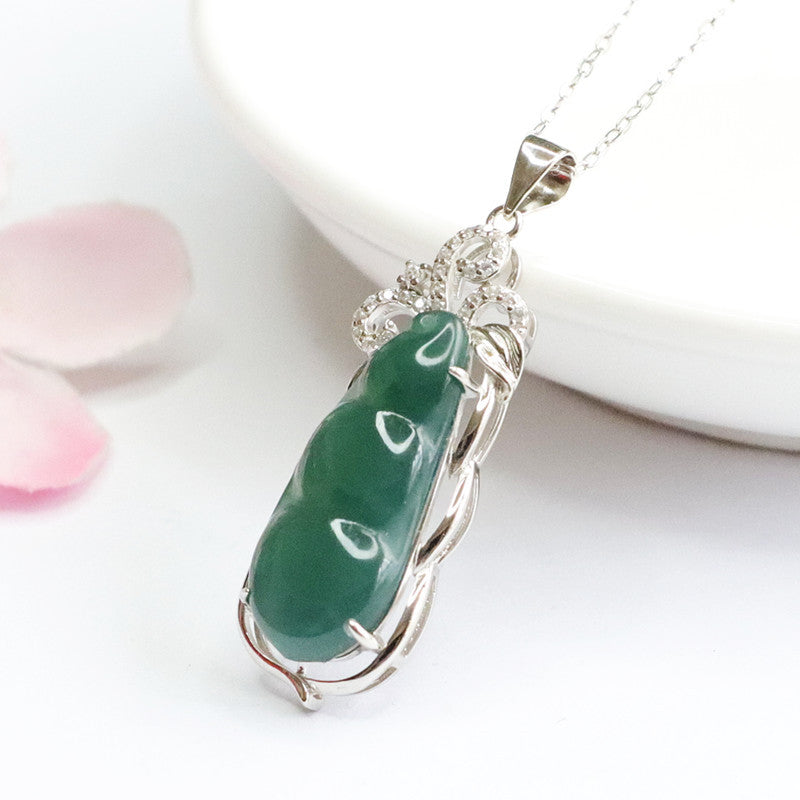 Ice Blue Green Beans Sterling Silver Necklace with Jade Pendant