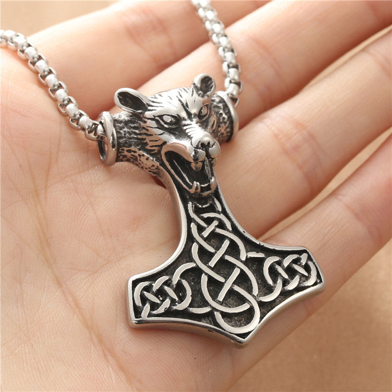 Titanium Steel Viking Raytheon Hammer Pendant - Trendy Punk Necklace for Men in Stainless Steel