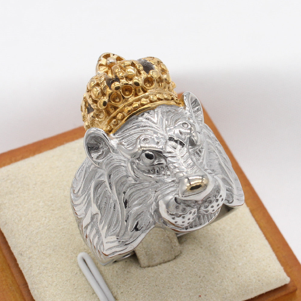 Personalized Retro Crown Lion Men's Titanium Steel Ring for Wholesale in European and American Style