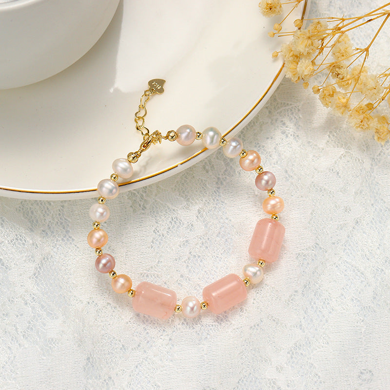 Peach Blossom Freshwater Pearl Bracelet with Gold Wrapped Crystal Barrel