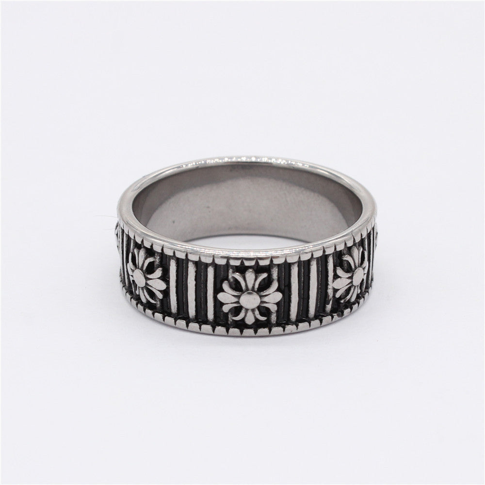 Cross Flower Vertical Stripe Titanium Steel Ring for Men