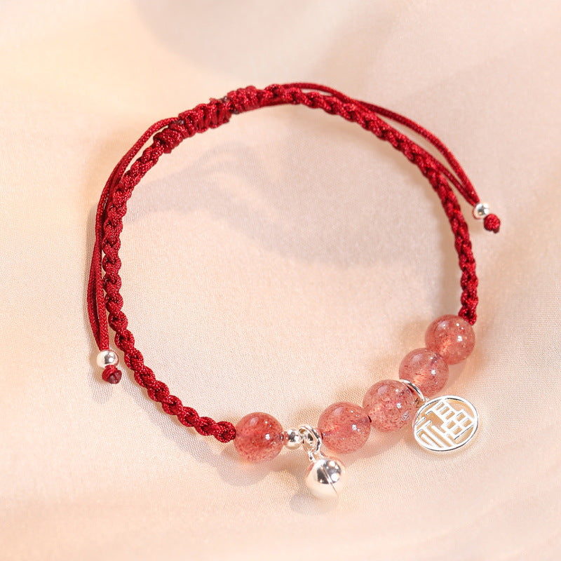 Sterling Silver Handmade Red Rope Bracelet with Crystal Beads