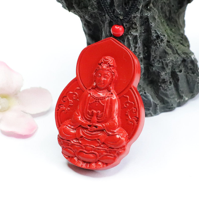 Red Cinnabar Guanyin Sterling Silver Pendant