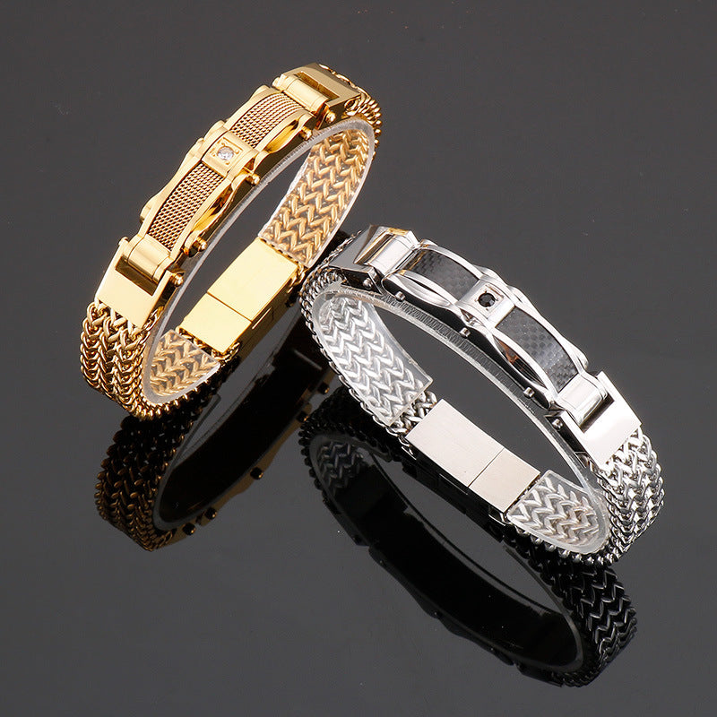 Men's Zircon-Studded Gold Stainless Steel Bracelet - European and American Hipster Style