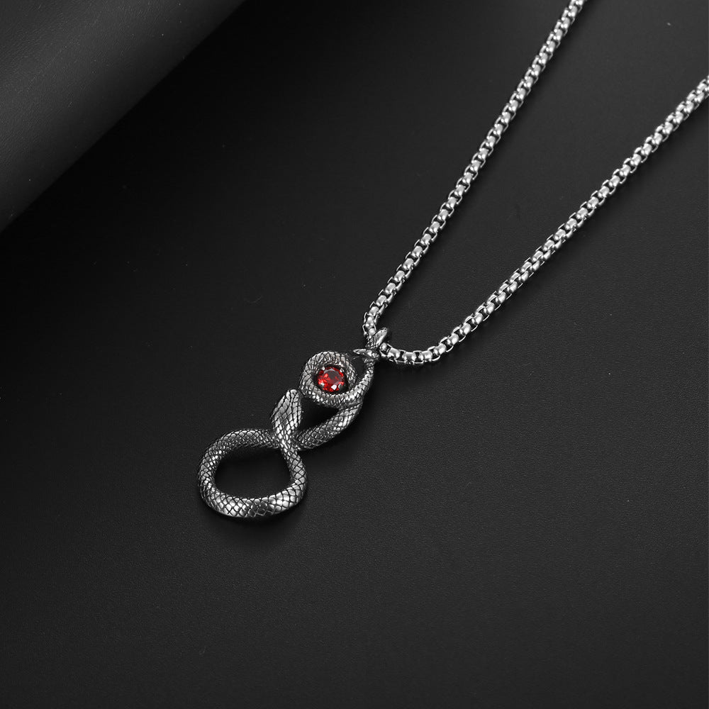 Retro Titanium Steel Snake Eye Necklace with Red Zircon Accent for Men