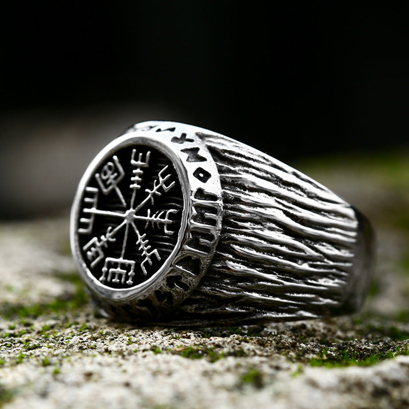 Titanium Steel Viking Compass Ring for Men - Retro Stainless Steel with Old Viking Letter Design