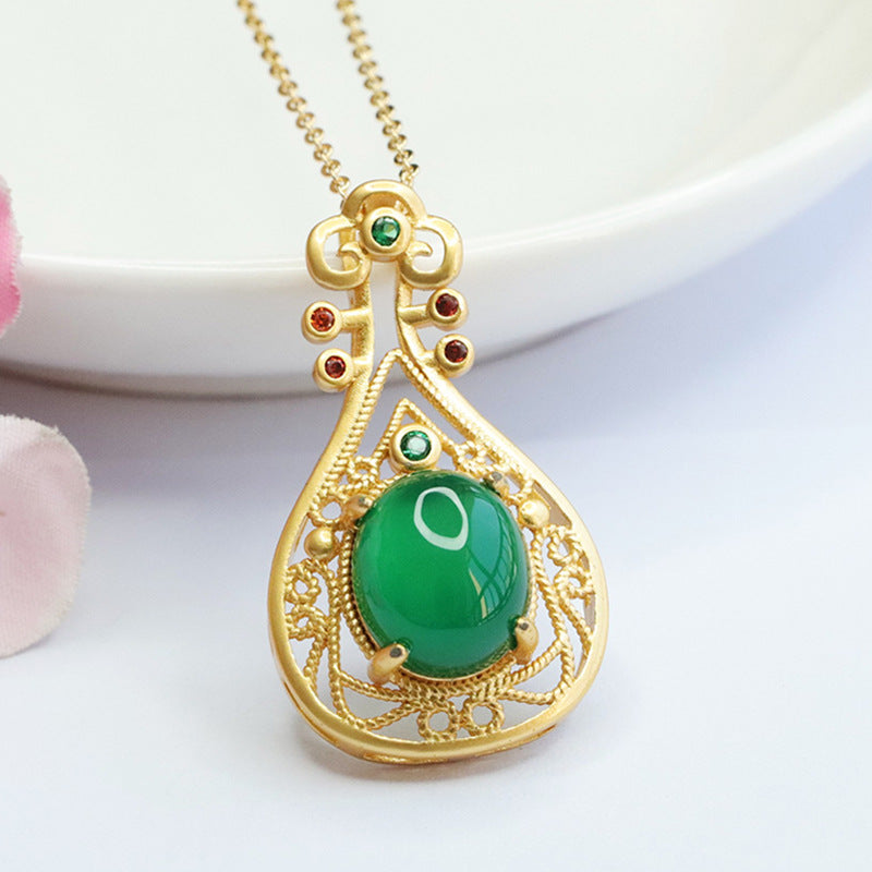 Chinese Style Sterling Silver Pipa Pendant Necklace with Emperor Green Chalcedony