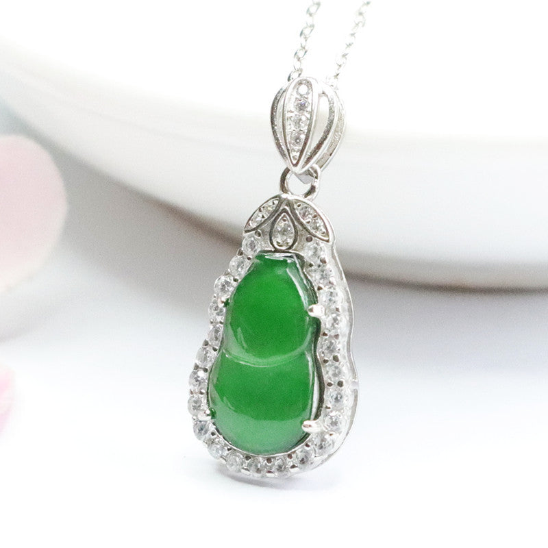 Sterling Silver Lucky Green Gourd Pendant Necklace with Zircon Leaf Accents