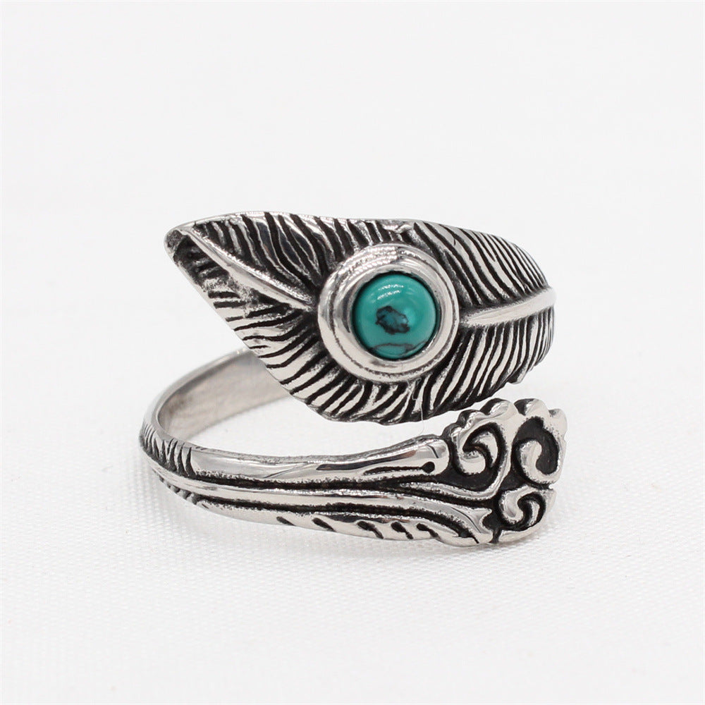 European and American Retro Feather Turquoise Men's Titanium Steel Ring