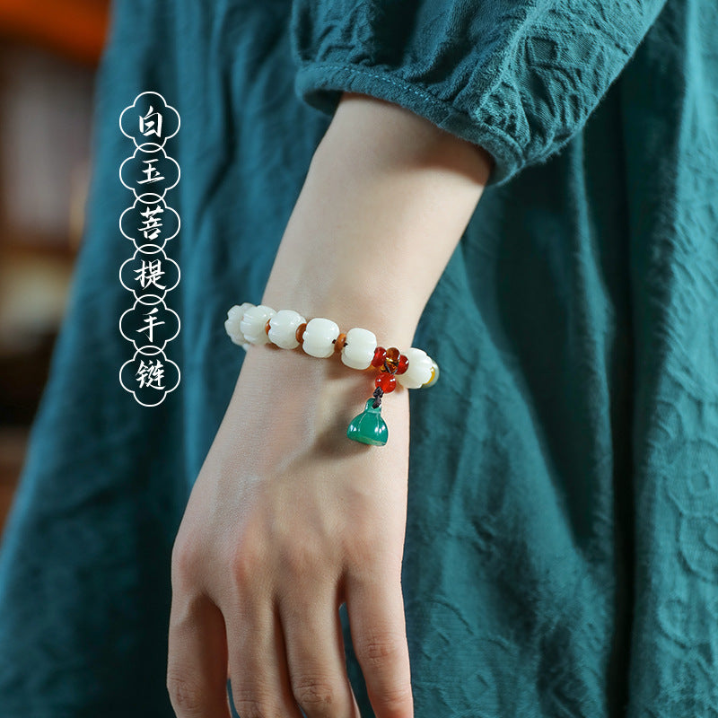 Bodhi Pumpkin Bead and White Jade Bracelet with Sterling Silver Accent - Unisex Zen Accessory