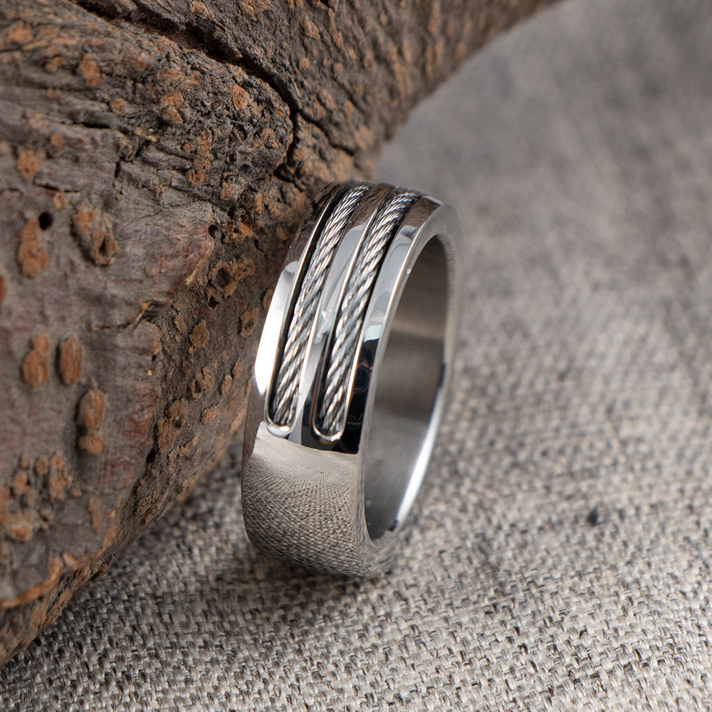 Titanium Steel Double Wire Rope Ring for Men - European and American Style Jewelry