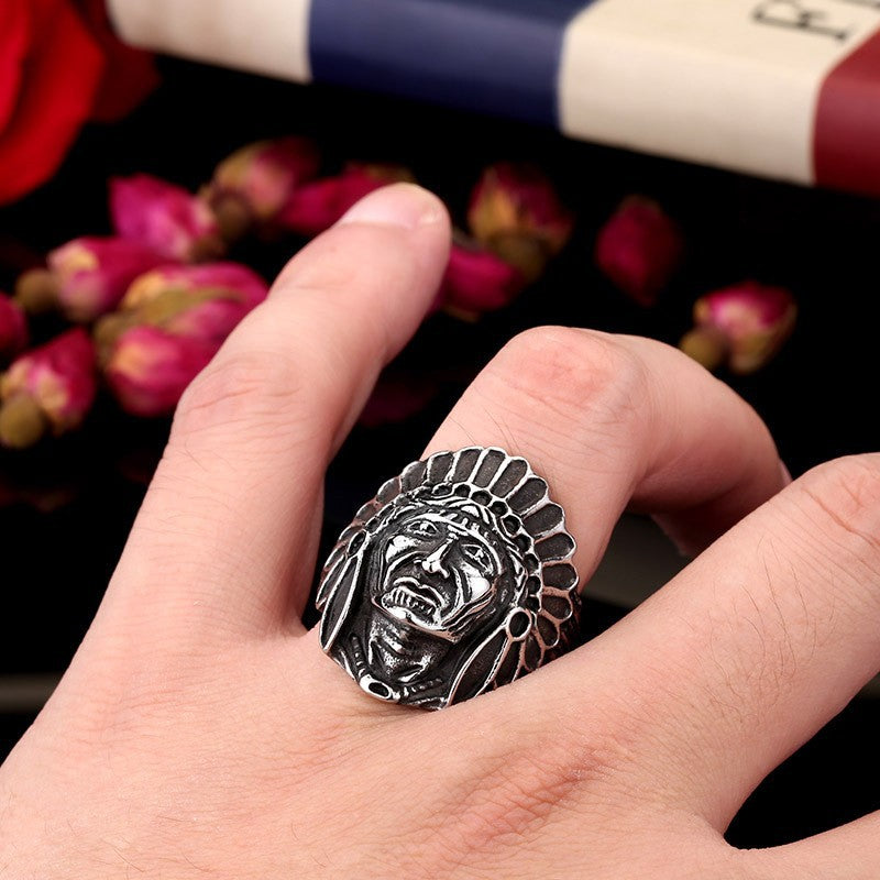 Titanium Steel Men's Ring - Indian Chief Design, Trendy Non-Mainstream Jewelry for Men