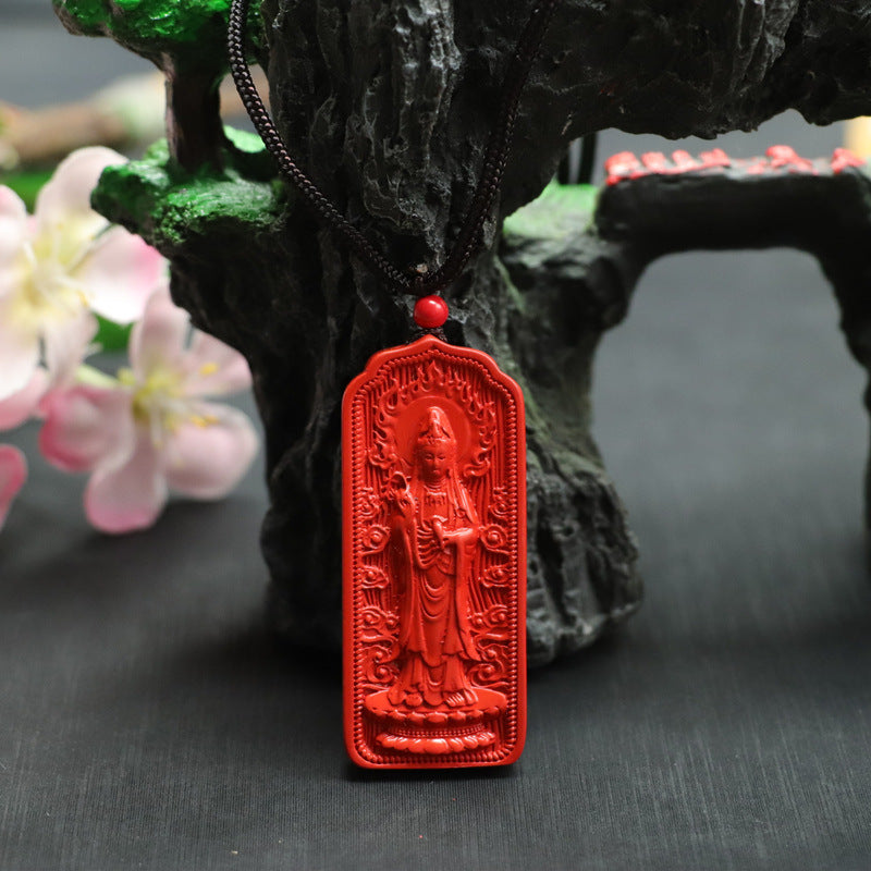 Red Sand Flame Standing Guanyin Pendant with Cinnabar Stone