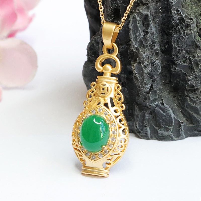 Imperial Green Chalcedony Vase Pendant Necklace with Ethnic Jewelry Design