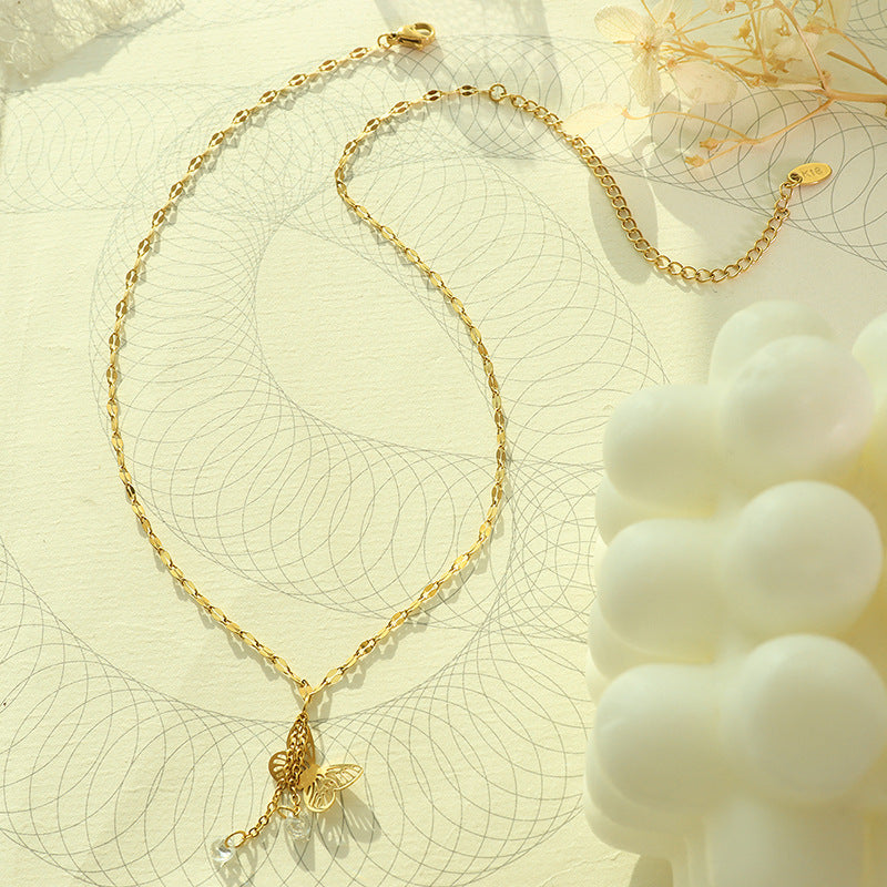 Butterfly Tassel Zircon Pendant Necklace with Artistic Pastoral Design