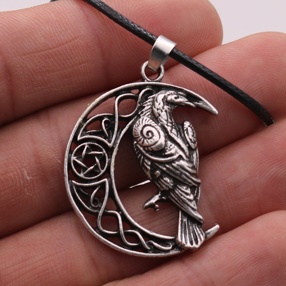 Viking Crow Necklace with Moon Alloy Pendants for Men