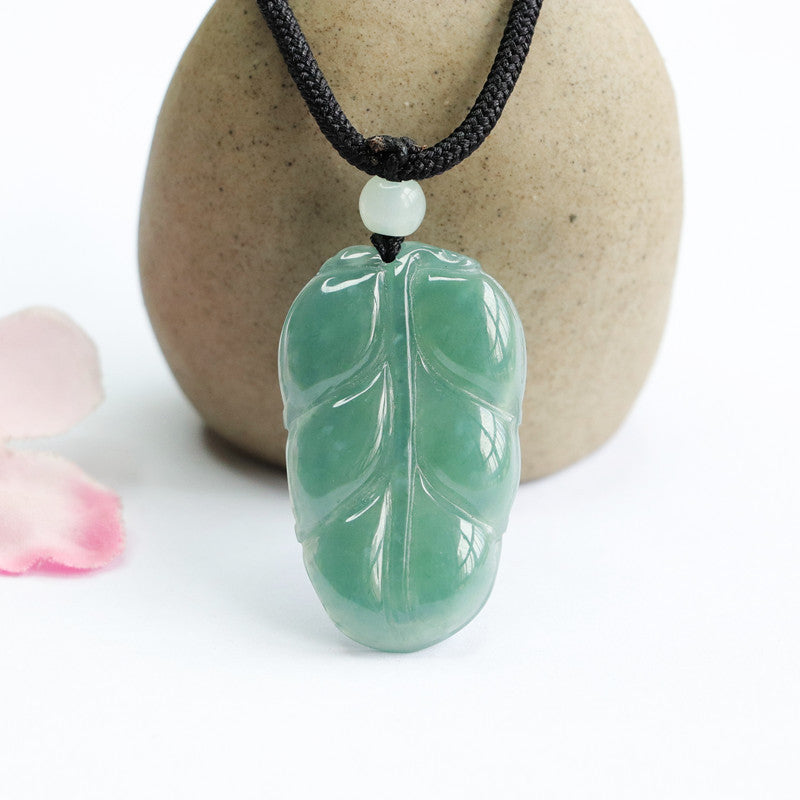 Jade Leaf Pendant in Blue Green with Sterling Silver Needle