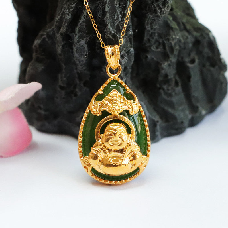 Golden Buddha Necklace with Hetian Jade Water Drop Jasper