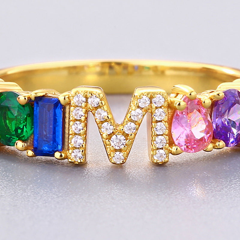 Rainbow Zircon Letter M Silver Ring