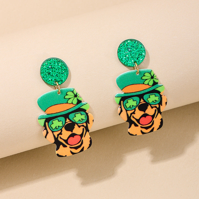 Green Hat Dog Fun Earrings for Stylish Kids and Colorful Women