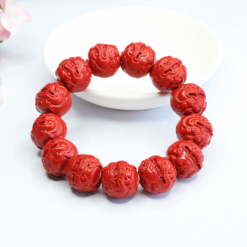 Red Sand Pixiu Head Sterling Silver Bracelet with Cinnabar Stone