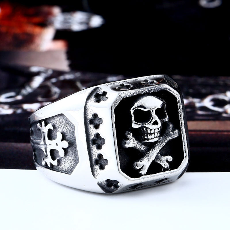 Titanium Steel Skull Ring for Men - Retro European and American Punk Style Cross Design