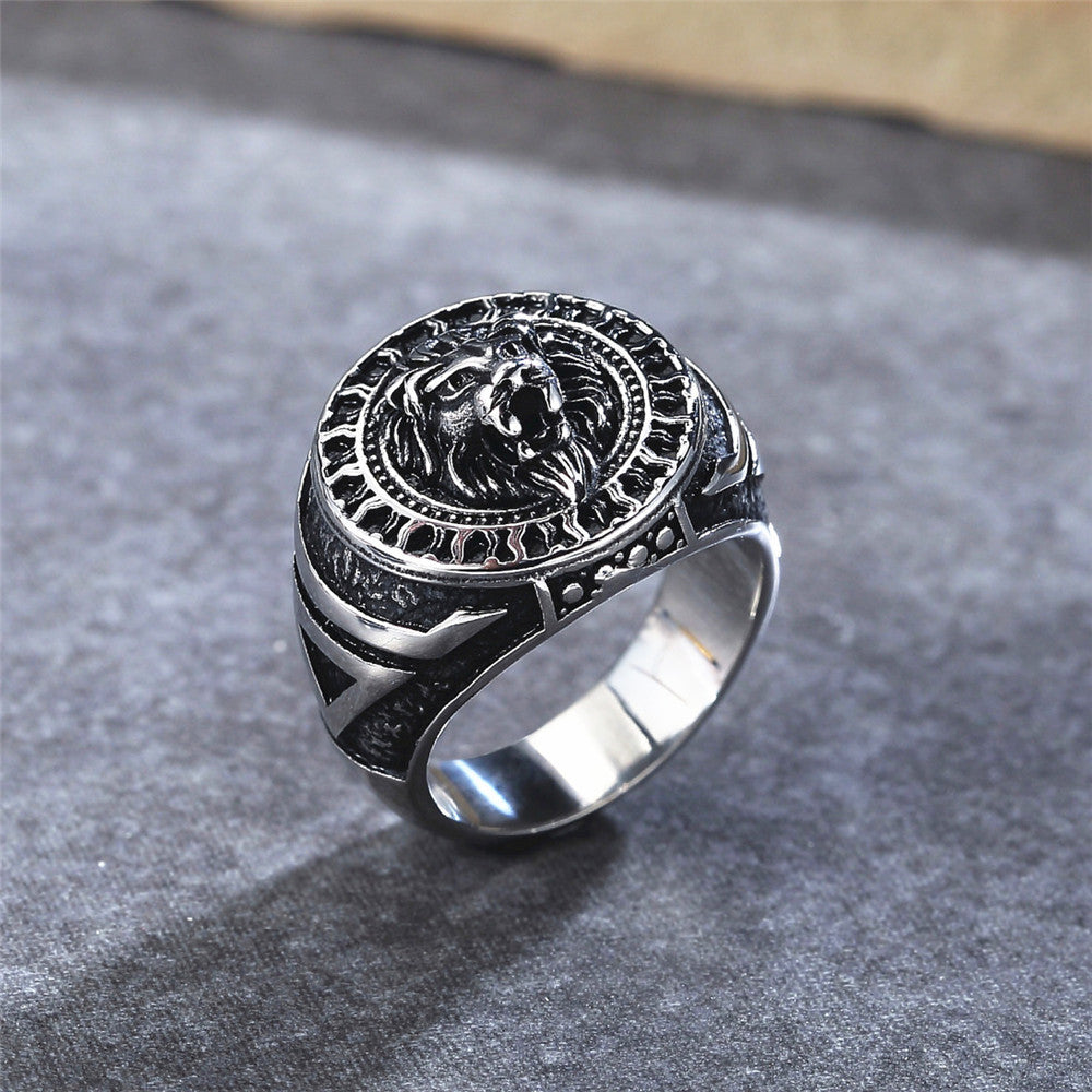 Lion Head Relief Round Titanium Steel Ring for Men