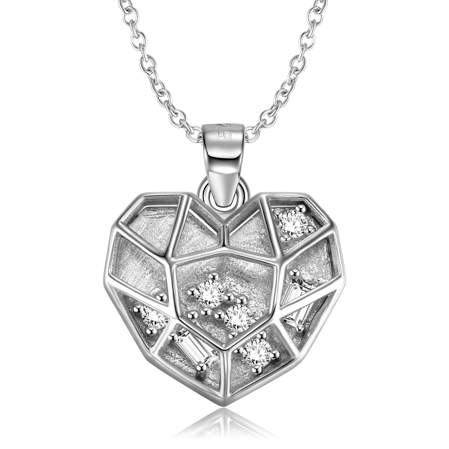 Heart Shape Mesh Pendant with Zircon Silver Necklace