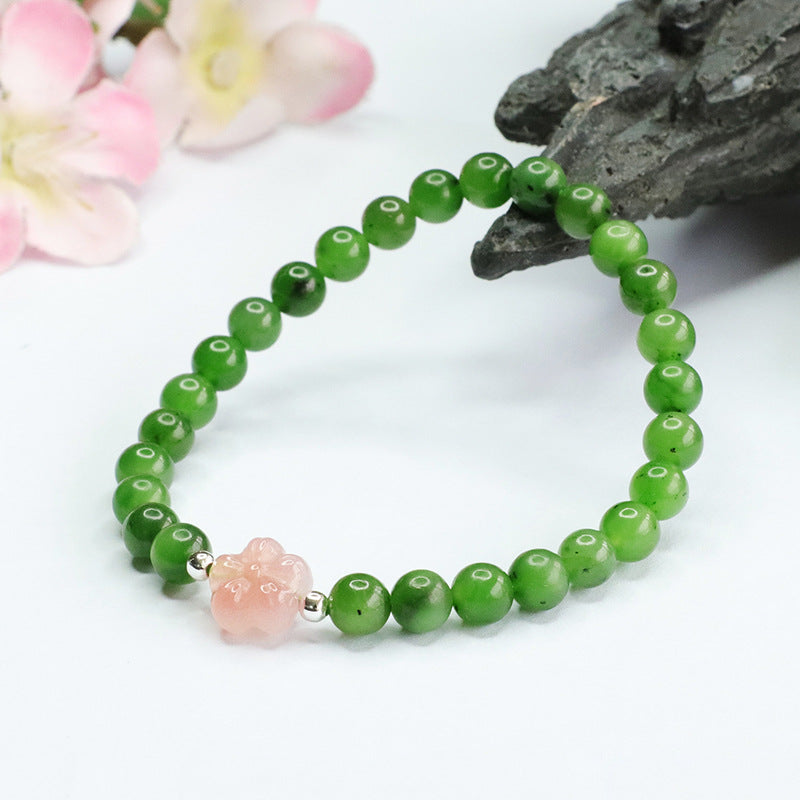 Hetian Jade and Agate Flower Jasper Bracelet with Sterling Silver Charm