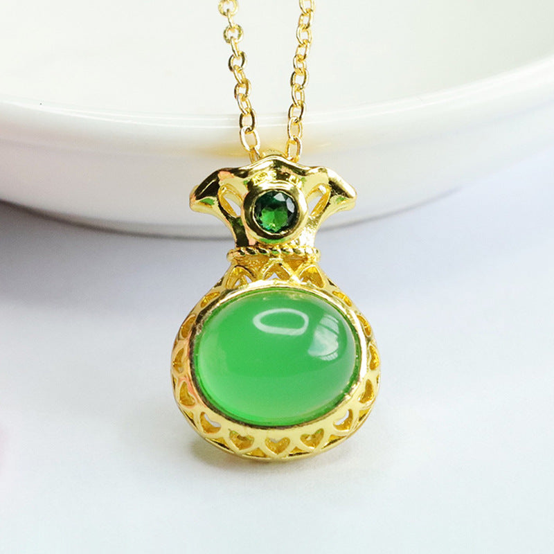 Hollow Money Bag Green Chalcedony Pendant Necklace