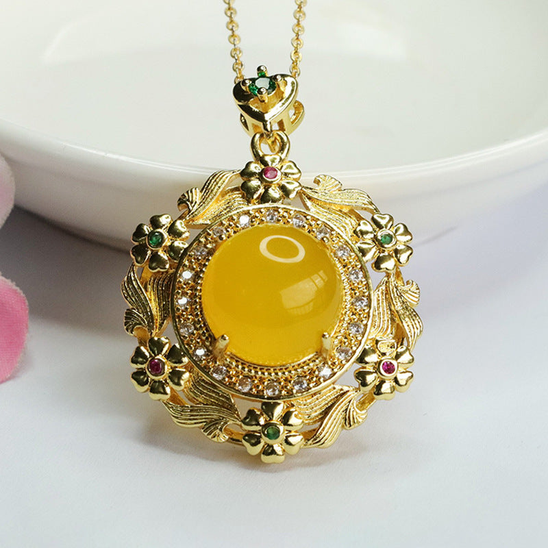 Circular Red Agate Golden Flower Necklace With Chalcedony Detail