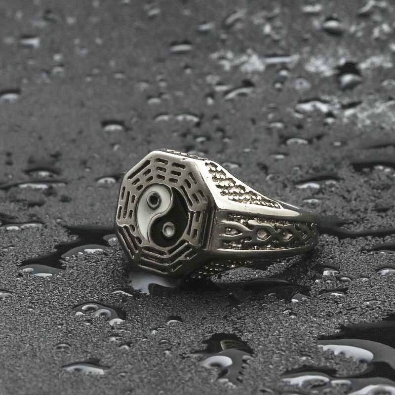 Yin and Yang Bagua Titanium Steel Ring - Retro Hipster Punk Jewelry for Men