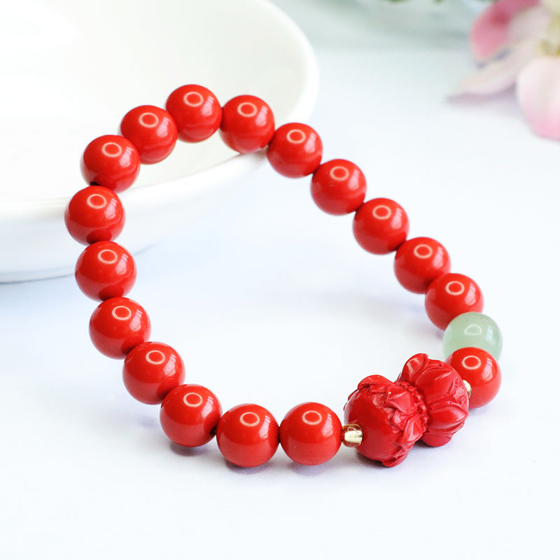 Red Lotus Cinnabar and Jade Bracelet