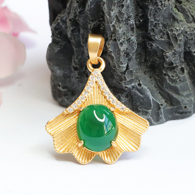 Ginkgo Leaf Pendant Necklace with Imperial Green Chalcedony