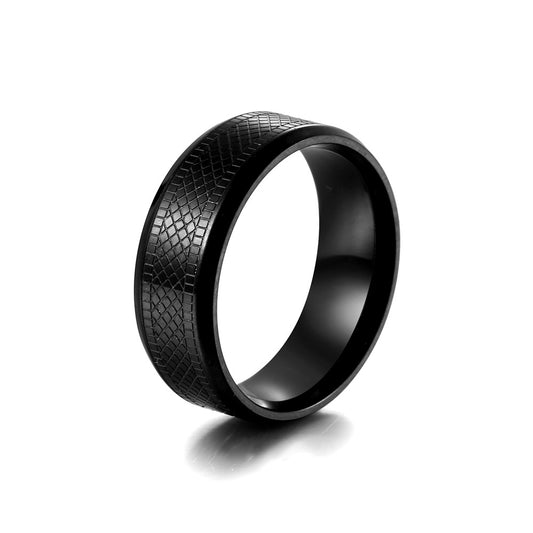 Trendy Titanium Steel Men's Ring with Dark Plaid Snakeskin Texture - Hip-Hop Jewelry