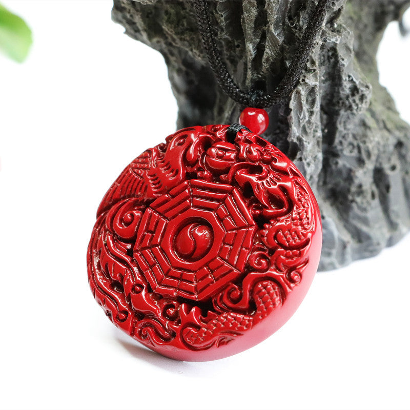 Mystical Cinnabar Pendant with Dragon and Phoenix Design