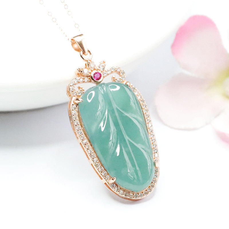 Ice Blue Green Leaf Sterling Silver Zircon Necklace with Jadeite Gemstone