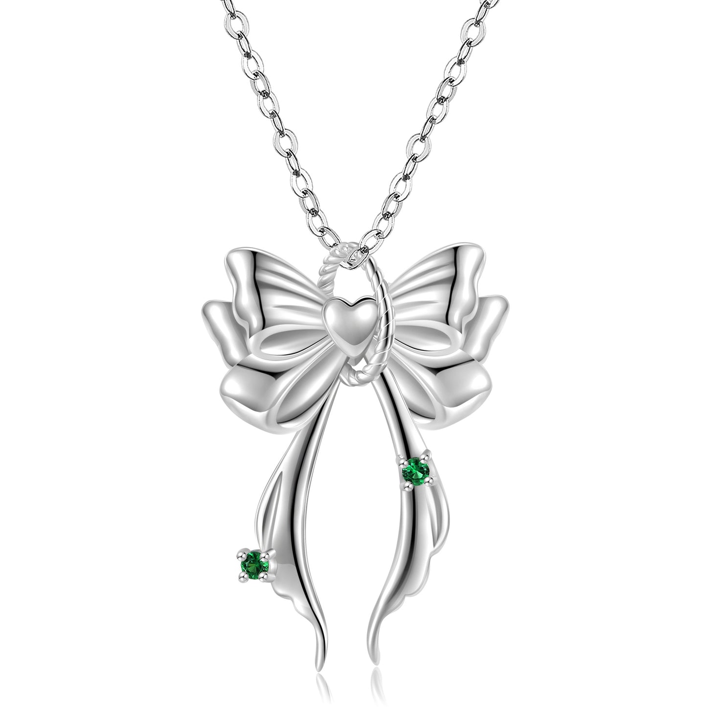 Love Bow with Green Zircon Silver Necklace