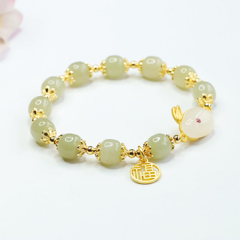 Fortune's Favor Sterling Silver Rabbit Fu Jade Bracelet