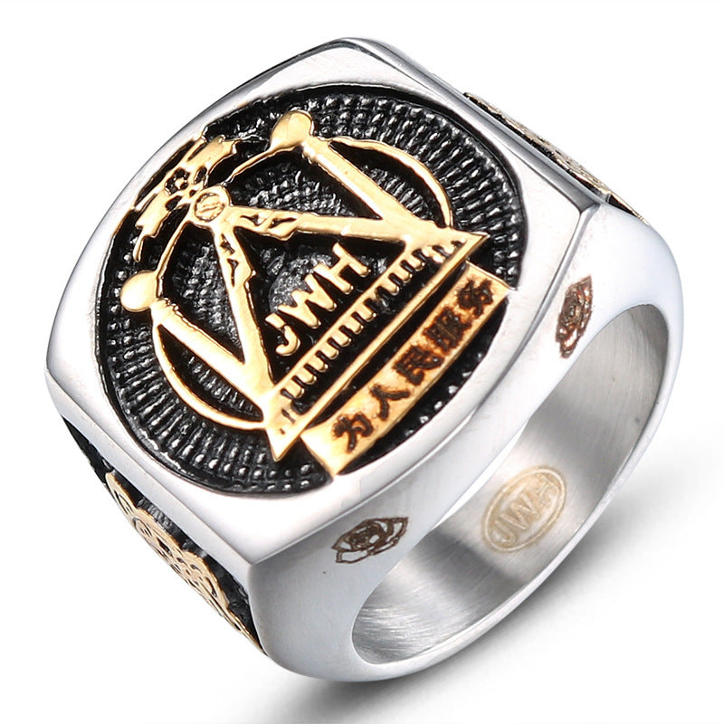 Stylish Gold Freemason Ring for Men - Personalized Retro Stainless Steel Jewelry in European and American Fashion