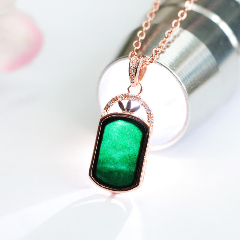 Fortunate Blackish Green Jade Pendant Necklace with Three Leaf Grass Zircon