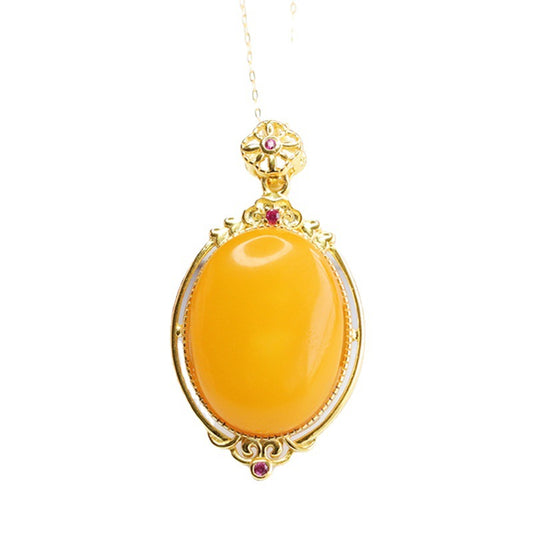 Golden Necklace with Genuine Beeswax Amber Pendant on 925 Sterling Silver Chain