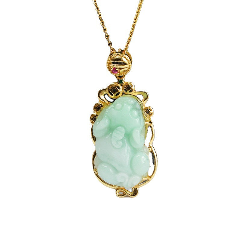 Sterling Silver Pixiu Jade Pendant Necklace with Hollow Edge