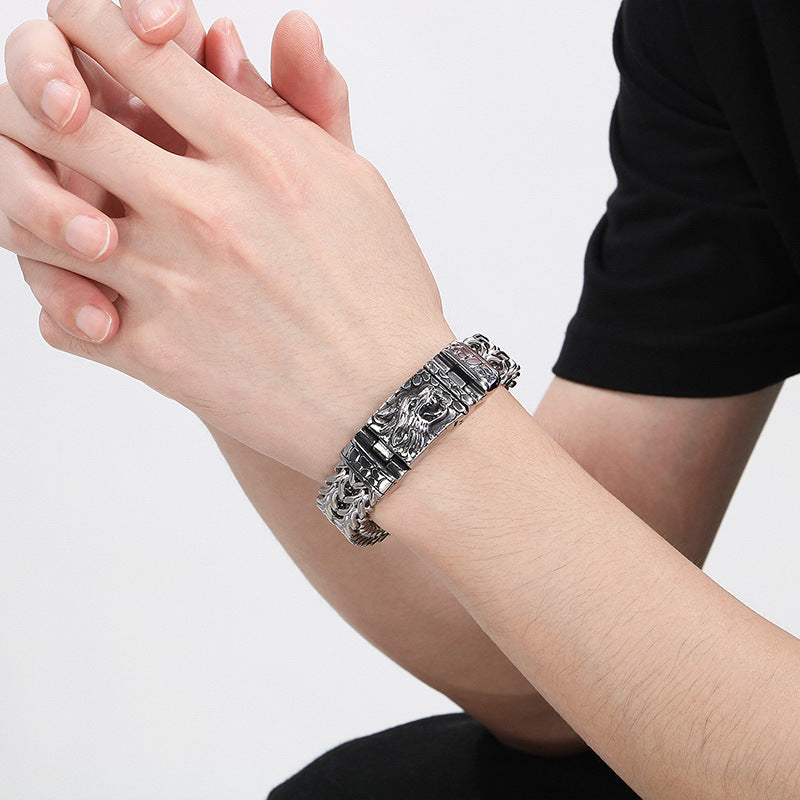 Customizable Retro Year of the Dragon Punk Style Men's Bracelet with Square Buckle and Chain in Stainless Steel