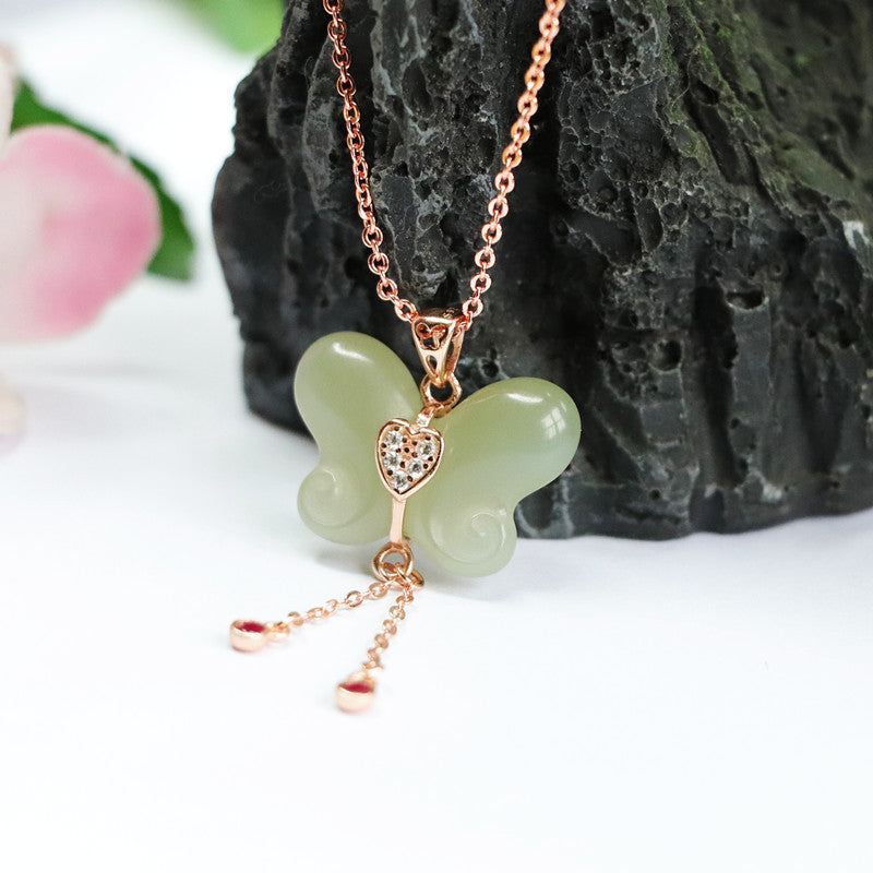 Butterfly Jade Tassel Necklace with Zircon Accent