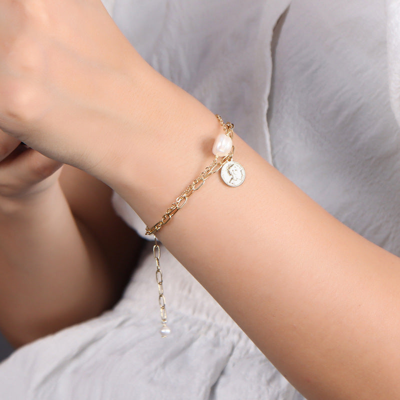 Luxurious Double-Layer Pearl Bracelet with Sterling Silver Chain